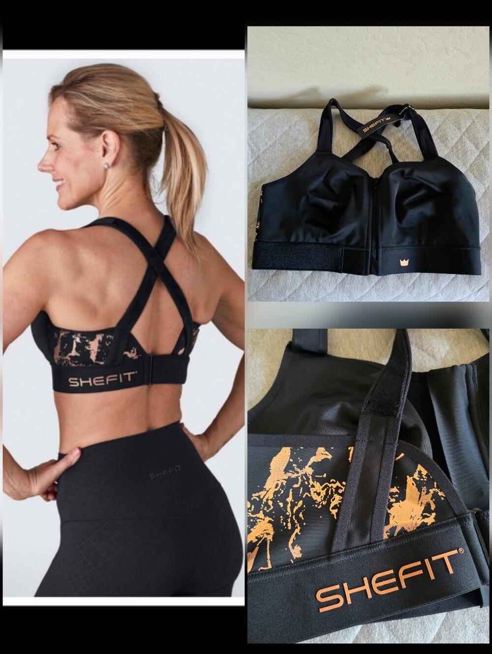 Shefit Flex Sports Bra‎ Size 3Luxe NWT Black Rose Gold